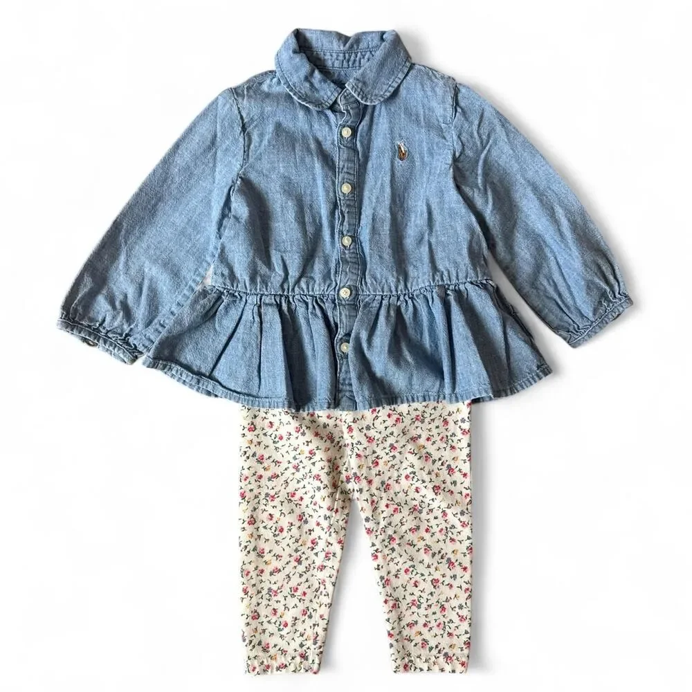 Ralph Lauren Chambray Peplum Top & Floral Leggings Set 12M